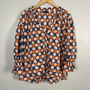Ro’s Garden Orange and Blue white printed button down blouse size medium